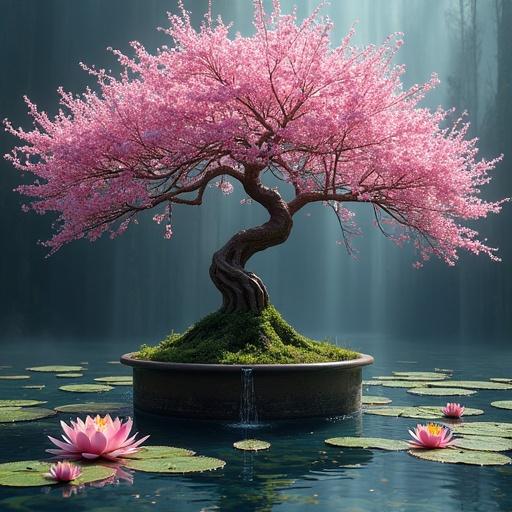 A cherry blossom bonsai tree in a water fountain surrounded by water lilies. The scene features vibrant and deep colors that evoke a serene atmosphere. Ideal for artwork by renowned artists.