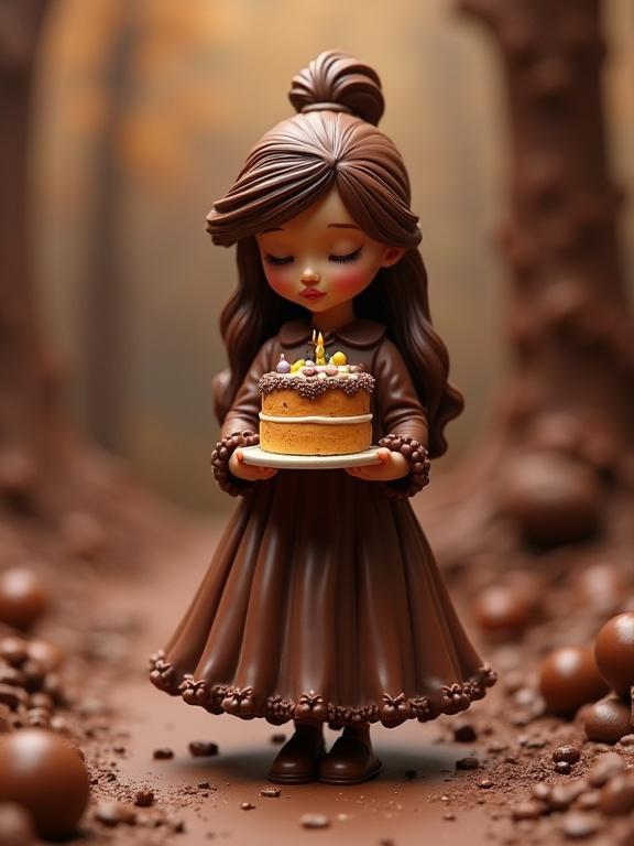 Digital art piece of a miniature chocolate girl in a flowing dress holding a birthday cake. Diorama setting made of chocolate features expressive lines and earthy tones.