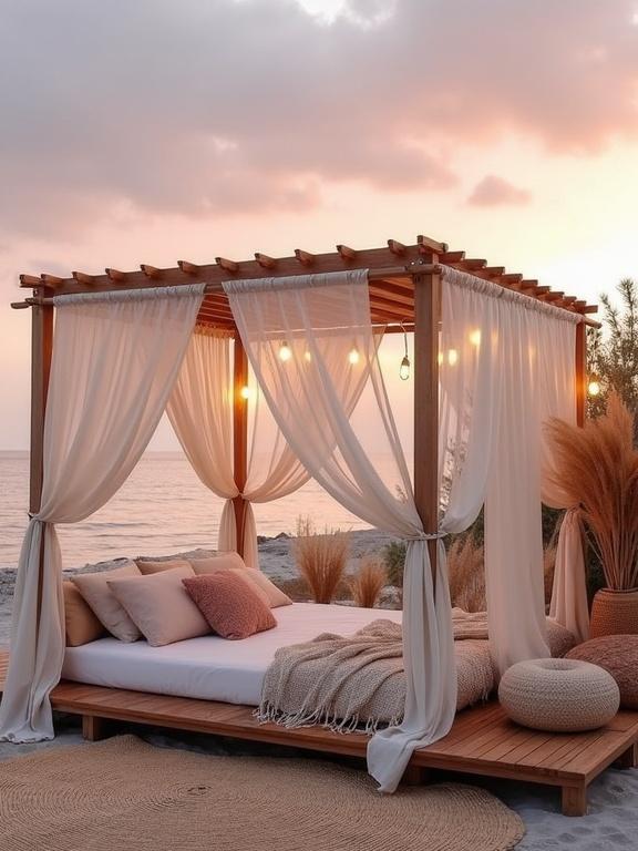 Bohemian-style beach canopy bed setup on wooden deck. Surrounded by sheer white curtains and decorated with pillows and throws. Dried pampas grass in background. Sunset sky with soft clouds in various pastel colors.