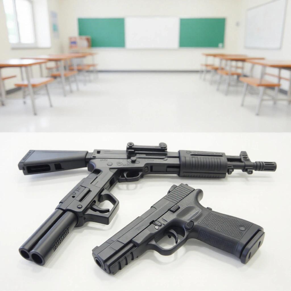Guns placed on a table in a classroom setting with empty chairs and desks