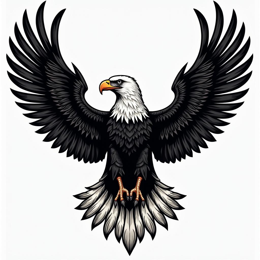 This image features a bold, black and white representation of a native Alaskan eagle. The eagle is depicted with its wings fully spread, showcasing its powerful wingspan. The design emphasizes the contrast between the black feathers and the white head and tail. Its strong posture symbolizes strength and freedom, reflecting cultural significance. The eagle's piercing eyes and sharp beak give it a majestic appearance.