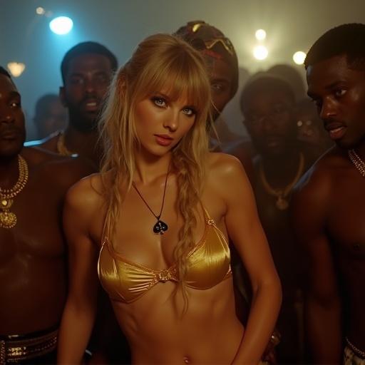 Scene in a vibrant nightclub. A couple stands close together. Woman has long blonde twintails and blue eyes. Wearing gold pushup bikini with black pendant. Man is an older black rapper. Taylor looks at the viewer with flushed cheeks. Biggie holds her around the neck. Other men crowd closely around them. Full body shot.