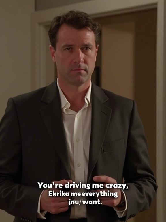 Man in a black suit stands in an indoor setting looking serious. He speaks to a woman off-screen. The atmosphere feels tense and emotional.