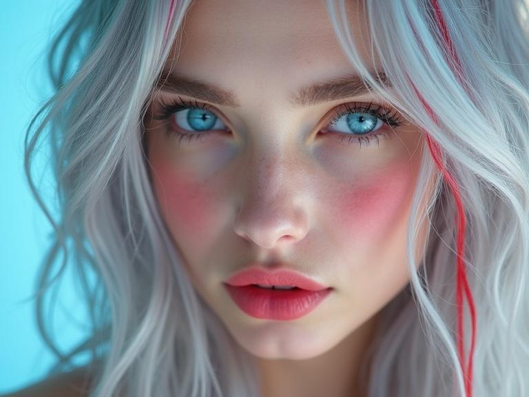 Bright surrealism art showcasing a close portrait. Features a young mature female with vivid blue eyes and long wavy silver hair adorned with red stripes. Skin appears pale and reflective, resembling polymer. Emphasizes bold colors and gradients.