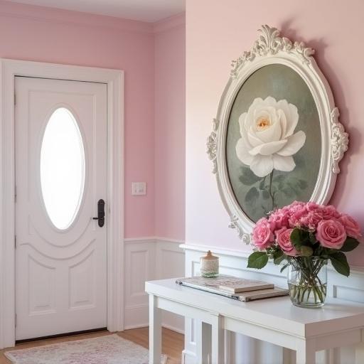 Entryway with light pink walls and white trim features. Door painted light pink with an oval window. White entryway table sits in front. A vintage rose painting framed in white rococo style hangs on the wall. Above the table is a white rococo oval mirror. On the table, a bouquet of pink roses is arranged in a vase.