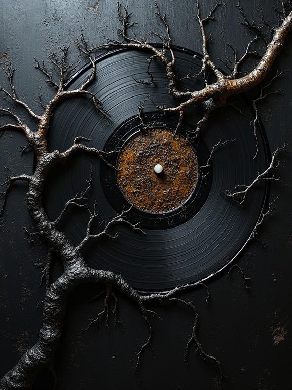 Digital oil painting depicting a vinyl record surrounded by fungal tendrils. Background is black with visible harsh brush strokes. Artistic elements reflect a cubist style, giving an unfinished appearance. The tendrils are thick and viscous, appearing glossy and aggressive. The scene creates a sense of decay and unnatural growth.