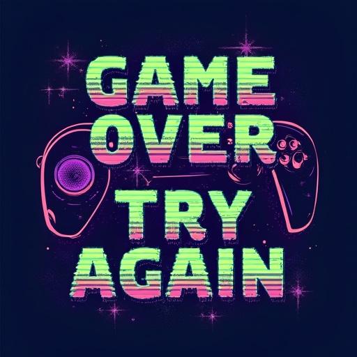 Motivational gaming t-shirt design with retro 8-bit controller in neon colors. Text states 'Game Over, Try Again' in pixelated font. Centered on a transparent background with glitch effects, optimized for navy blue t-shirts.