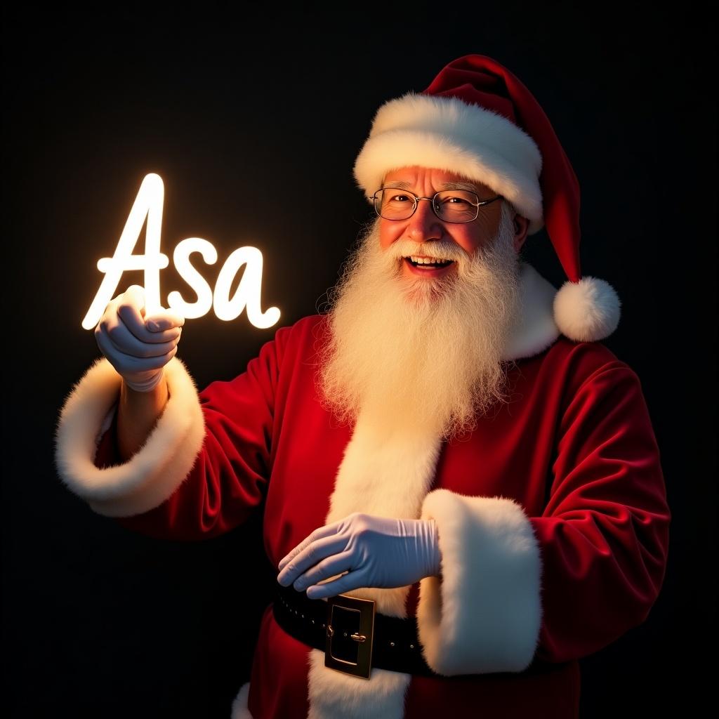 This image showcases Santa Claus in a traditional red and white suit. A glowing stick forms the name 'Asa'. His jolly expression conveys warmth and holiday spirit. The dark background enhances the glow of the text, creating a festive atmosphere.