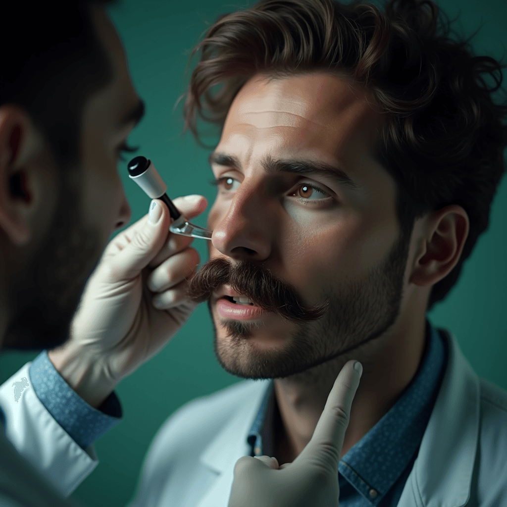 A doctor examines a man's nostril with a medical instrument, emphasizing concentration and care.