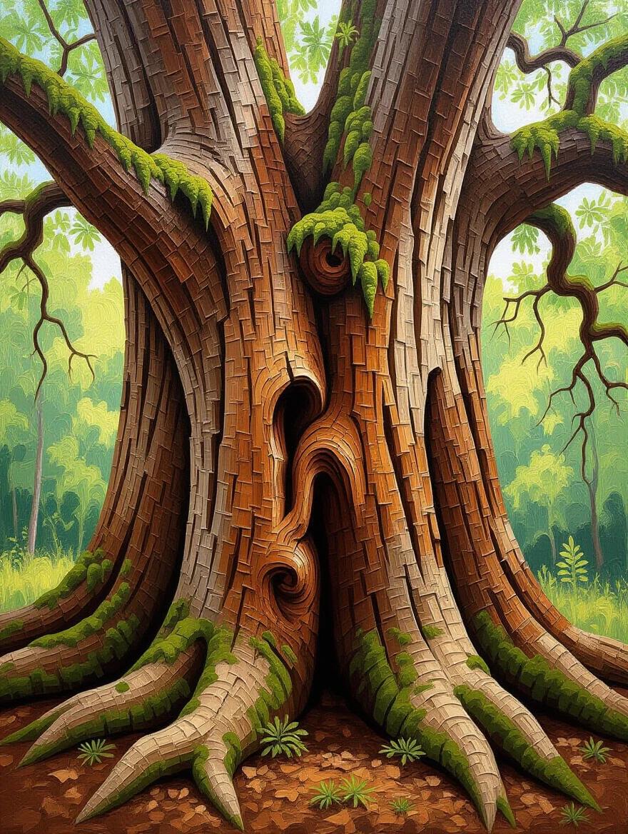 Massive ancient tree trunk with deeply textured bark. Heavy impasto technique used in paint application. Palette knife carving simulates bark texture and moss growth. Earthy brown and green colors in thick sculptural layers. Combines botanical realism with expressionist techniques. Nature study with dimensional paint quality. Gallery-worthy portrait of a tree with masterful organic texturing.