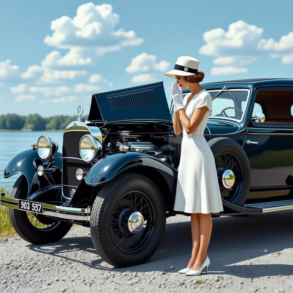 Photorealistic 1928 roadside breakdown scene. A socialite in a white short dress leans over the left fender of a disabled Mercedes-Benz 18/100 PS Sportwagen parked on roadside gravel. She stares down at the boiling coolant system, both palms pressed to cheeks, with a cloche hat and white gloves. The car’s hood is fully opened revealing the steam geysering from the radiator cap and leaks from hose connections. The scene captures the richness of the golden hour.