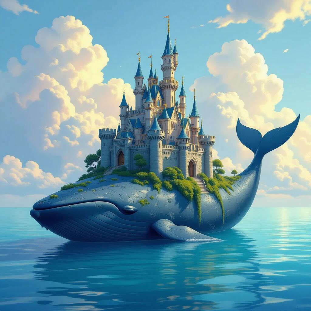 Majestic stone castle growing from the back of a sleeping whale floating on a calm ocean. High angle view of surreal fantasy scene with dreamy lighting and soft clouds. Intricate architecture blends into whale’s skin, creating a magical atmosphere with detailed textures in concept art style inspired by Studio Ghibli.