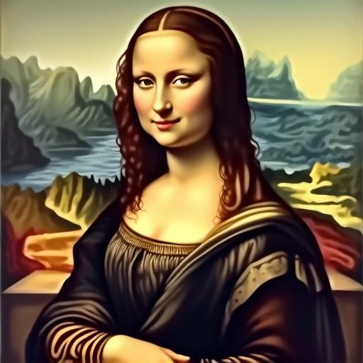 Realistic representation of a woman resembling the Mona Lisa with an engaging expression and picturesque background.