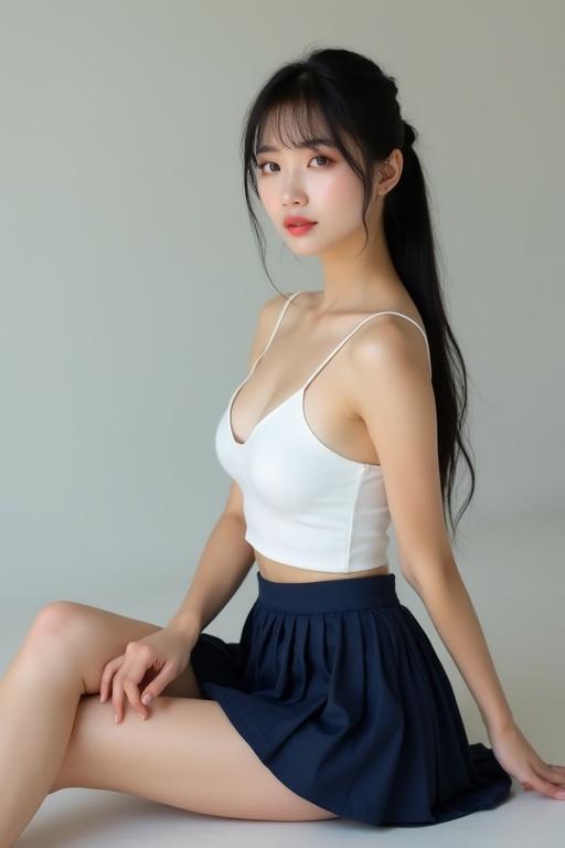 Stunning East Asian woman with delicate porcelain skin and feminine hourglass figure sitting on the floor. She is wearing a fitted white camisole and a navy pleated skirt. Long straight black hair in ponytail with soft bangs. She has flawless natural makeup and dreamy eyes. The setting conveys a Korean fashion magazine vibe with soft lighting and an ultra HD appearance.