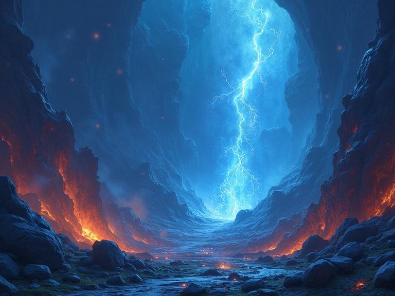 Abstract magical wallpaper featuring a mystical cavern illuminated by lightning and fire. Cavern walls are rugged with glowing lava. Bright blue light contrasts with fiery red tones. Evocative atmosphere reminiscent of fantasy video games.