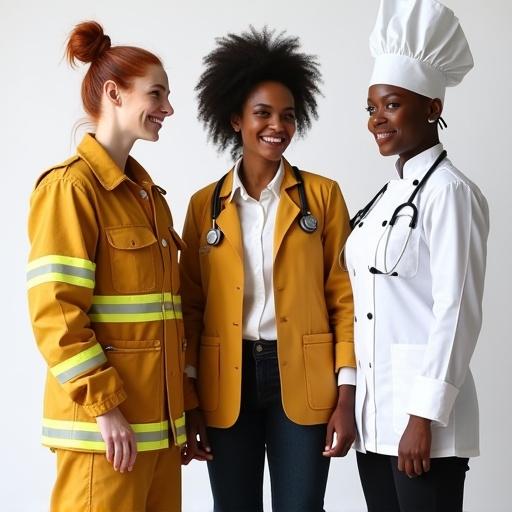 Three women stand side by side each in unique professional uniforms. A firefighter in yellow gear with red hair in a bun. A doctor in a white coat with stethoscope and curly hair. A chef in white uniform with blonde pixie cut. Full-body portrait in a studio with realistic lighting.