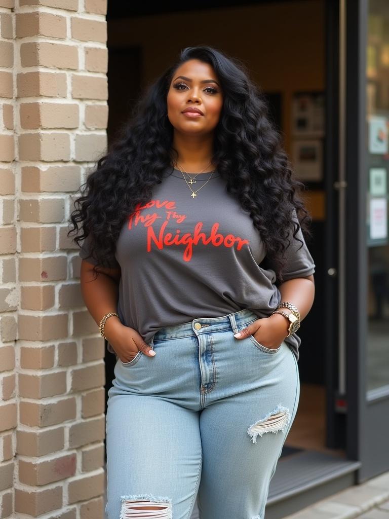 A confident plus-size African-American woman stands outside. She wears a faded dark gray shirt with red cursive lettering. She has layered curly hair. Her wide-leg light wash jeans are distressed. Nike sneakers and gold jewelry add style. The background is a neutral-toned brick wall. Lighting is soft and impressionistic.