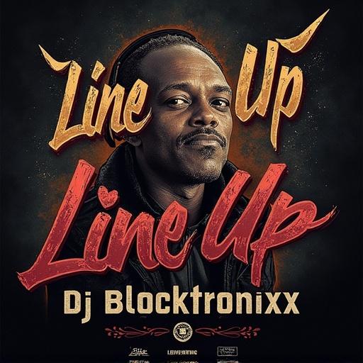 Hip hop album cover features dark background. Bold and detailed typography includes the text 'Line Em Up'. The artist name displayed prominently is 'DJ Blocktronixx'. A striking and original design. Color palette includes black and gold. Inviting allure towards urban music scene.