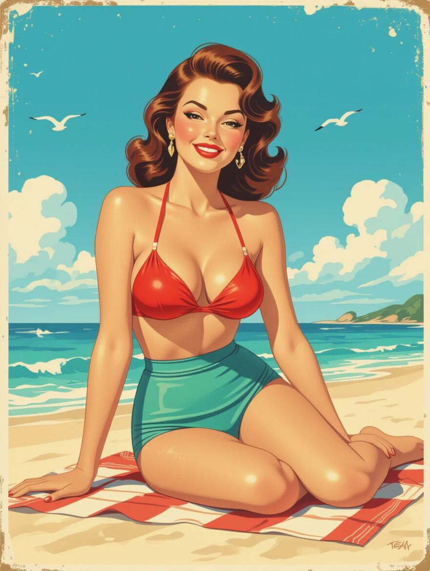 Pin-up girl in a high-waisted bikini sitting on a beach towel. Bright colors and retro 1950s makeup. Woman gives a flirty wink. Sunny beach setting with clouds and seagulls.