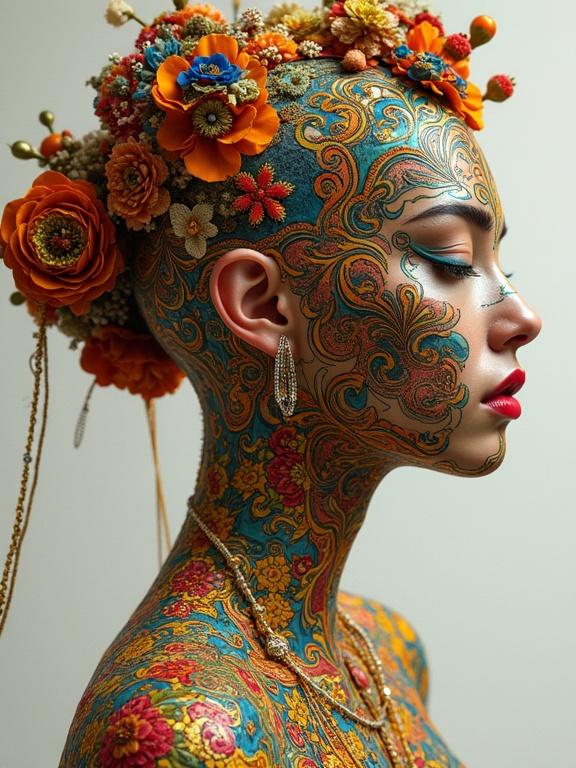 3D shiny total body art featuring haberdasherypunk lineartpunk Bollywoodpunk aesthetics. Digital work with intricate designs inspired by Gustav Klimt and Yoshitaka Amano.
