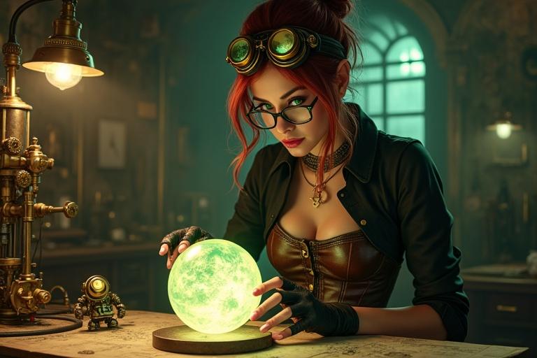 A steampunk engineer works in a dim underground workshop. Intricate brass machines surround this character. The glowing orb has swirling energy. She wears a leather corset and fingerless gloves. Mechanical goggles rest on her forehead. Her expression shows intense focus. Tiny automatons are present on the worktable. The lighting is moody and atmospheric.