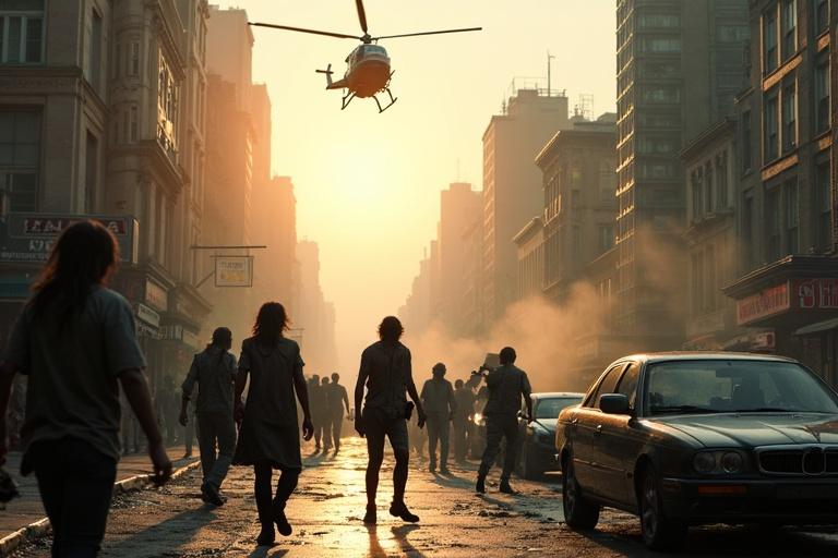 A city filled with zombies. Streets chaotic and cars crashing. Sunlight visible in the distance with a helicopter flying overhead. Zombies reaching towards the helicopter. Realistic depiction of horror elements.