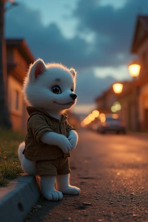 A small white anthropomorphic puppy named Tuku is sitting on a curb. He holds his empty stomach. He wears a tattered brown outfit. Other anthropomorphic dogs in bright clothes pass by sneering. The scene is set in a village during evening time. The sky shows deep blues with orange hues. Soft streetlamp glows illuminate the scene. The image captures his solitude in a 9:16 frame, featuring hyper-realistic textures and a shallow depth of field for an emotional tone.
