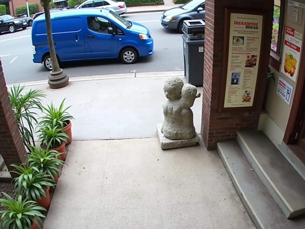 The image appears to be a security camera view of an outdoor area. It shows a pathway leading to an entrance with steps. To the left, there are potted plants lined up, and a decorative stone statue is positioned nearby. A blue van is parked on the street, with another car in the background. A restaurant is visible on the right side, featuring a menu displayed outside. The area looks urban with a mix of vehicles and greenery.