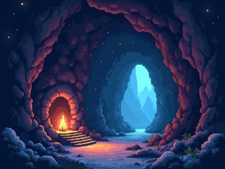 8-bit pixel game style 2D cave scene featuring two large levels with an entrance and a tunnel. The composition includes a warm glowing fire and a bright blue light from another tunnel. Rock formations are prominent throughout the cave.