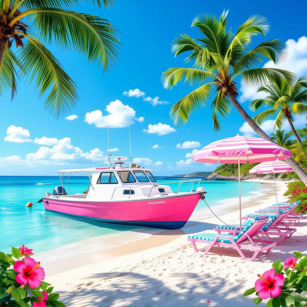 Vibrant beach scene featuring a pink and white boat in a blue sea. Beautiful beach with palm trees and pink hibiscus flowers. Colorful parrots in the background. Beach umbrellas with pink and white stripes and beach chairs in pink and aqua colors.