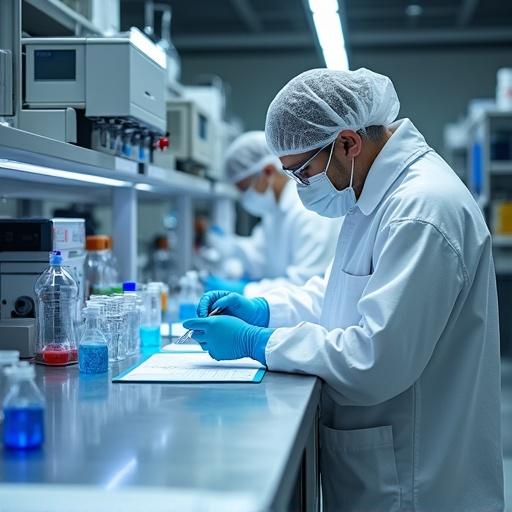 A team of laboratory scientists in anti-contamination gear operates in a biotech cleanroom. The space features advanced instruments, organized tools, and cool-toned lighting. They engage in genomic sequencing and data documentation.