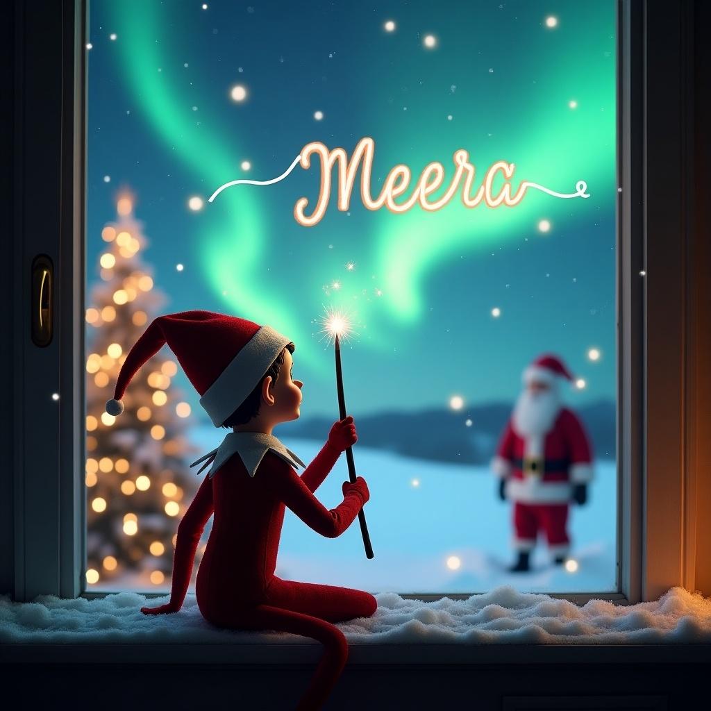 An enchanting Christmas scene features an elf on the shelf with his back to the viewer, gazing up at a magical sky. The elf is using a wand to elegantly write the name 'Meera' in the air. In the background, the landscape is illuminated by beautiful northern lights and adorned with a Christmas tree sparkling with lights. Santa Claus is visible in the distance, creating a whimsical and festive atmosphere. Snow gently covers the window ledge, adding to the cozy feel of the scene.