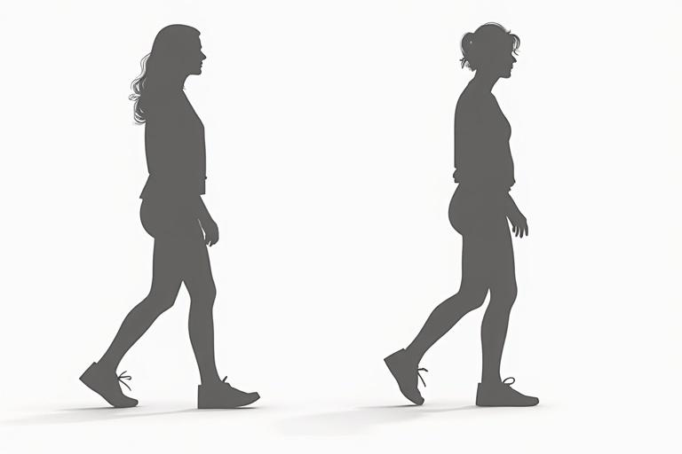 Two frames depict a walking woman. One frame shows the left leg forward. The second frame has the right leg in front. Both women wear casual clothes. Background is one color with silhouettes outlined in white.