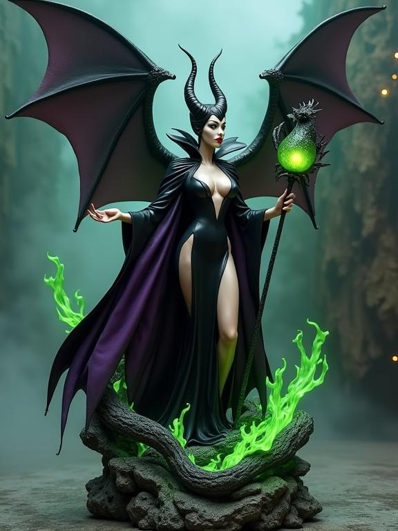 High quality resin sculpture of a female sorceress inspired by fairy tales. Character has tall horns and a dark long cape. She stands on a rocky base with roots and magical fire. Holds a staff with a glowing orb. Dress is short tight and elegant. Background is foggy with mystical lights and a dragon. Realistic and detailed sculpture with dramatic lighting.