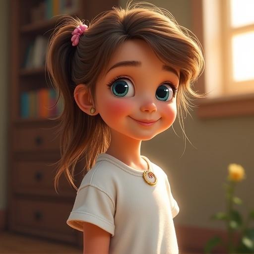 A small girl around 10 years old with blue eyes and wavy hair. She wears a white t-shirt and blue jeans. She has a Disney-like smile and is standing in a cozy room.