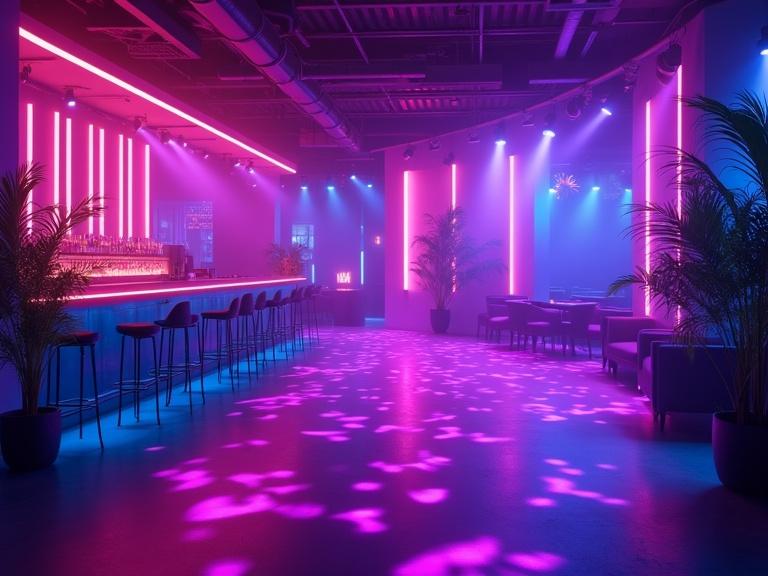 Orthographic view of a nightclub interior with vibrant neon lights. Show glowing dance floor, modern bar, and abstract colorful lighting. Focus on geometric shapes and atmosphere with rich purples and blues. No people or logos.