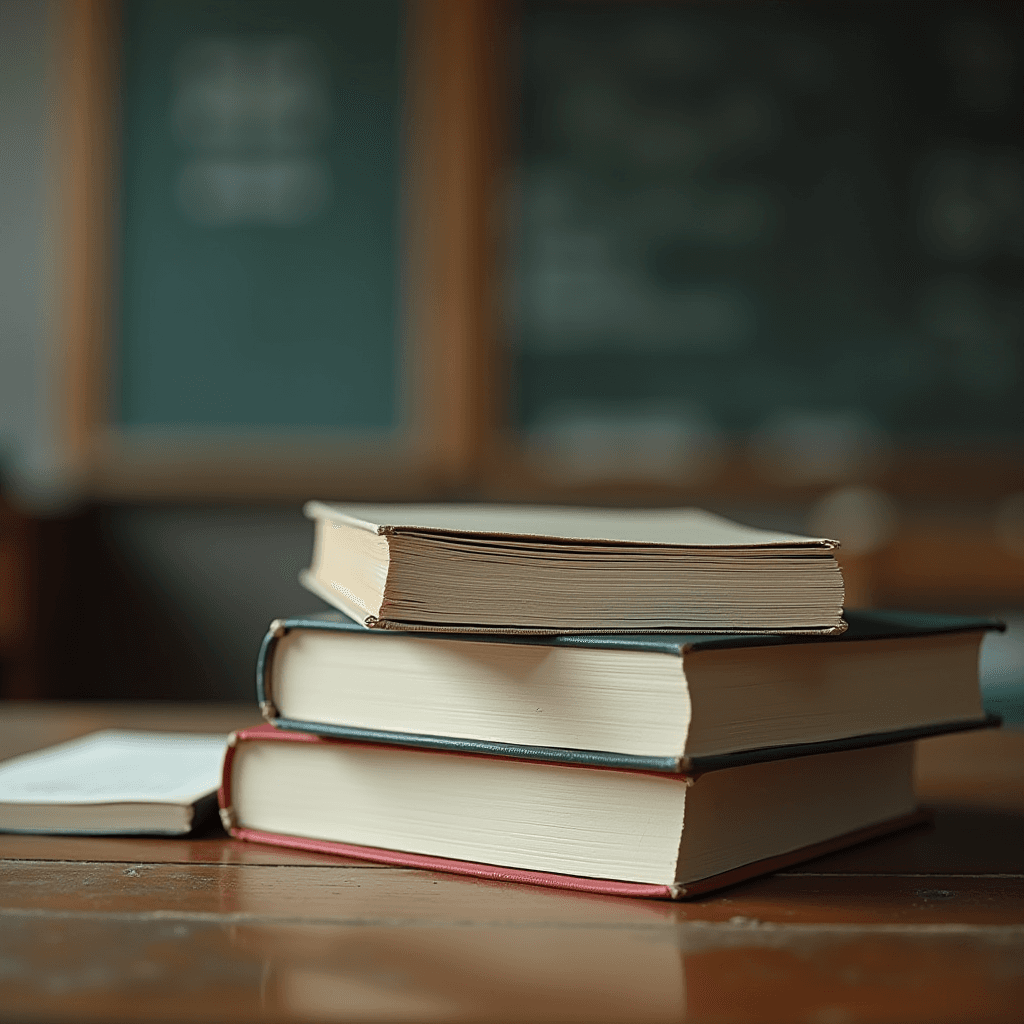 A stack of three hardcover books on a wooden desk with a blurred chalkboard in the background, evoking a nostalgic classroom atmosphere.