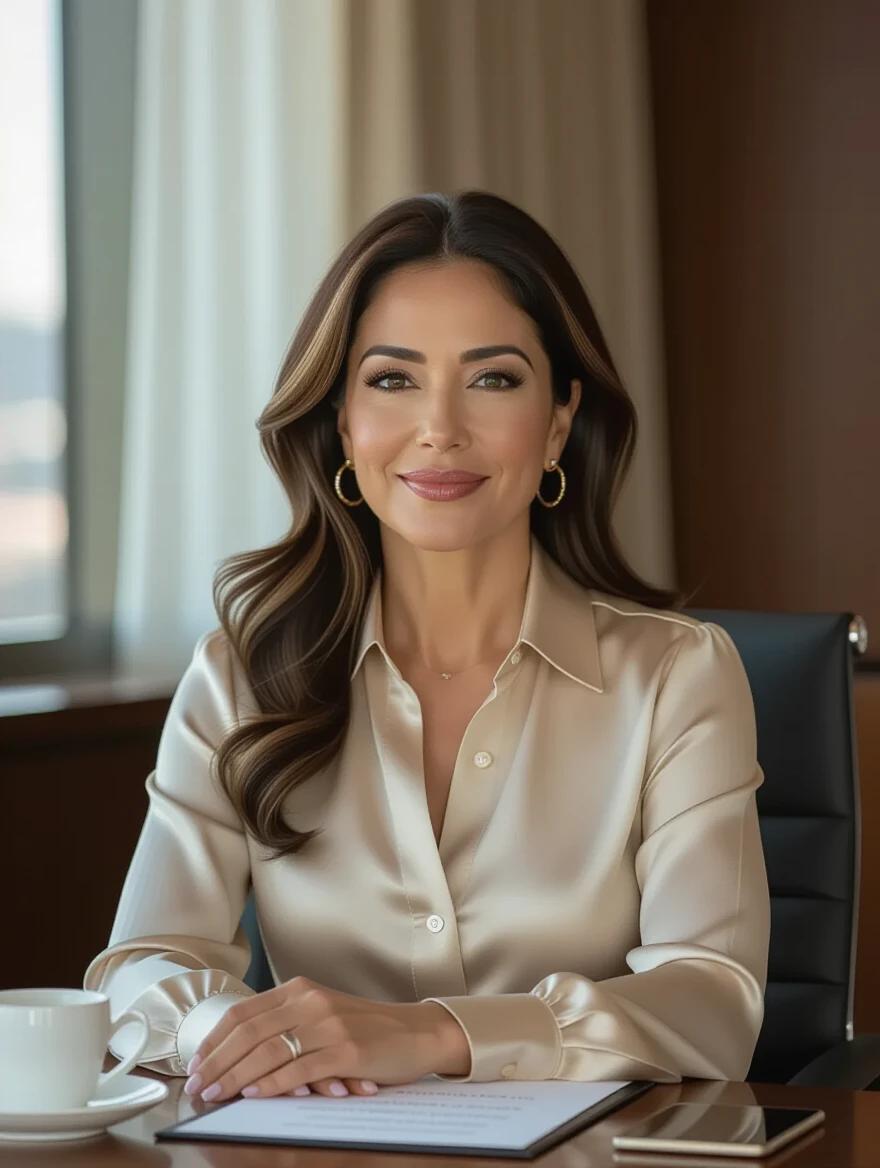 Photo of a 45-year-old Mexican woman in a corporate boardroom. She has light skin with large hazel eyes. Her features are soft and defined with full lips and a straight nose. Wearing high-waisted trousers and a silky blouse. She has a calm expression conveying professionalism and approachability. Posture is straight and relaxed, facing forward at a conference table with documents, a tablet, and a coffee cup. Background includes glass walls and office furniture.