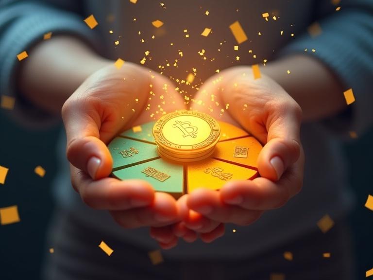 Pie chart with golden subscription coin in hands. Coin symbolizes split cost benefits. Digital confetti surrounding the image. Celebratory theme.