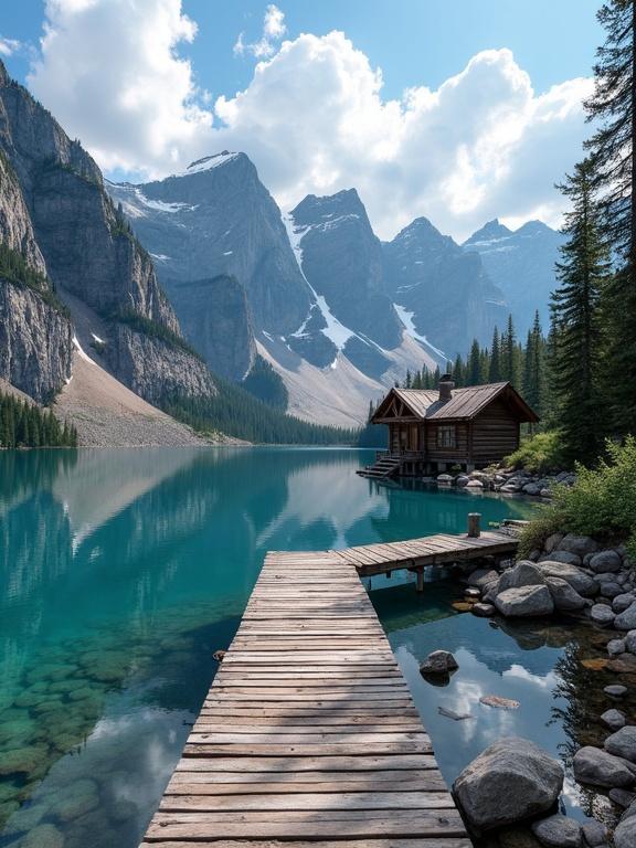 Hyper-realistic serene mountain lake with crystal-clear blue water reflecting rocky cliffs and snow-capped peaks. Rustic wooden cabin with weathered roof among dense pine trees on the shoreline. Wooden dock stretches over still water, surrounded by rocks. Bright sky with cumulus clouds and sunlight casting natural shadows. Peaceful remote natural escape in wilderness.