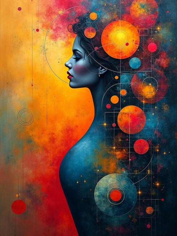Abstract representation of euphoria. Symbolic chaos blending geometric shapes like circles and squares. Foggy textures create depth. Female silhouette with voluptuous curves against a vivid, colorful background.