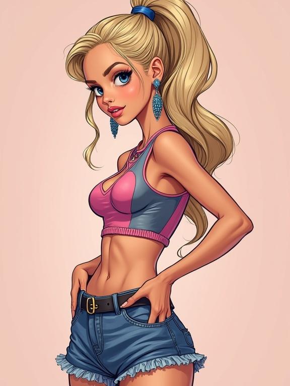 Full body portrait of a feminine figure in trendy attire showcasing a toned physique. Bilateral composition featuring stylish shorts and a colorful crop top. The character has a high ponytail hairstyle and flashy earrings. The artistic style presents smooth lines with a comic book illustration influence. Background is minimal focusing on the subject's attire.