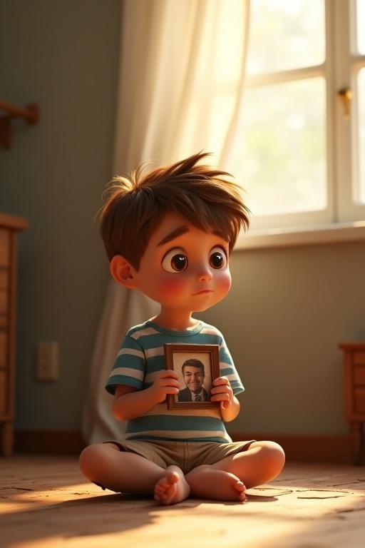 A young boy with tousled brown hair and hazel eyes sitting on an old wooden floor in a modest bedroom. The boy wears a blue-and-white striped shirt and beige shorts. He holds a cracked photo frame with a picture inside. A tear rolls down his cheek as he looks at the photo. Soft morning light streams through the window.