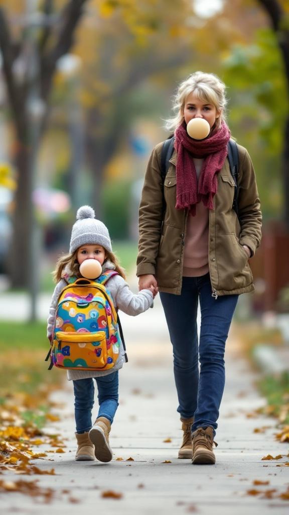 A mother walks with a daughter along a sidewalk. Child holds mother's hand. Both have backpacks. They are heading to school. The child has a large pacifier. Both are cheerful.