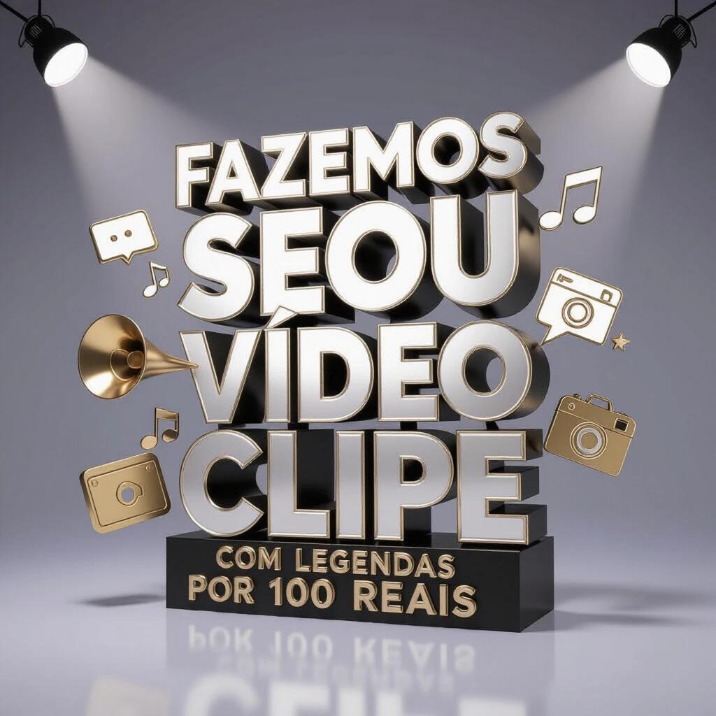 Large central 3D text: 'FAZEMOS O SEU VÍDEO CLIPE'. Smaller secondary text: 'COM LEGENDAS POR 100 REAIS'. Modern design with silver and gold letters in 3D. Add 3D icons of music, camera, and caption. Clean background or soft lighting. Professional and impactful style.