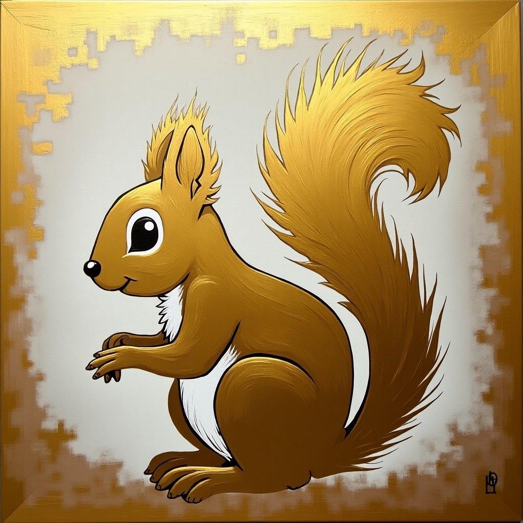 Illustration of a squirrel in gold spray stencil paint style on a light background. Squirrel has a fluffy tail and an animated appearance. Focus on cheerful expression and stylized features.