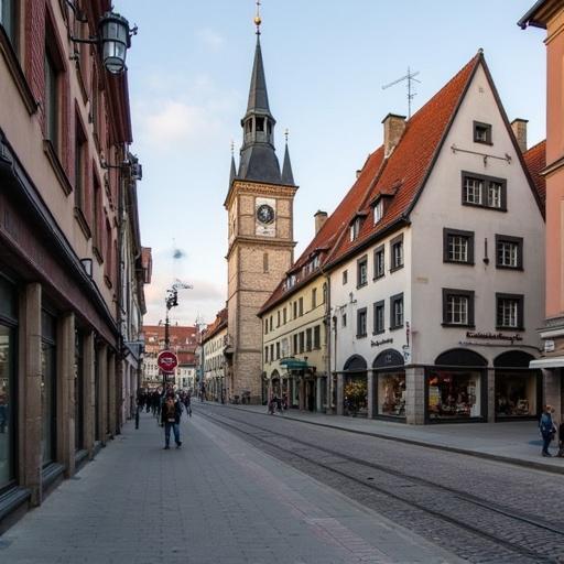 Street view in Arnstadt featuring historic architecture and clock tower. The scene depicts a walkway lined with buildings, capturing the charm of a European town.