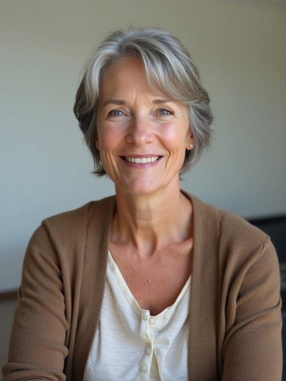 Middle-aged female high school teacher. Soft facial features and gentle smile. Wearing modest cardigan over blouse. Good posture. Sitting from waist up. Softly lit background, like a classroom wall. Studio quality lighting. Short to medium gray-streaked hair. Minimal makeup. Nurturing approachable demeanor. 16:9 aspect ratio. Well-composed shot. Clear contrast.