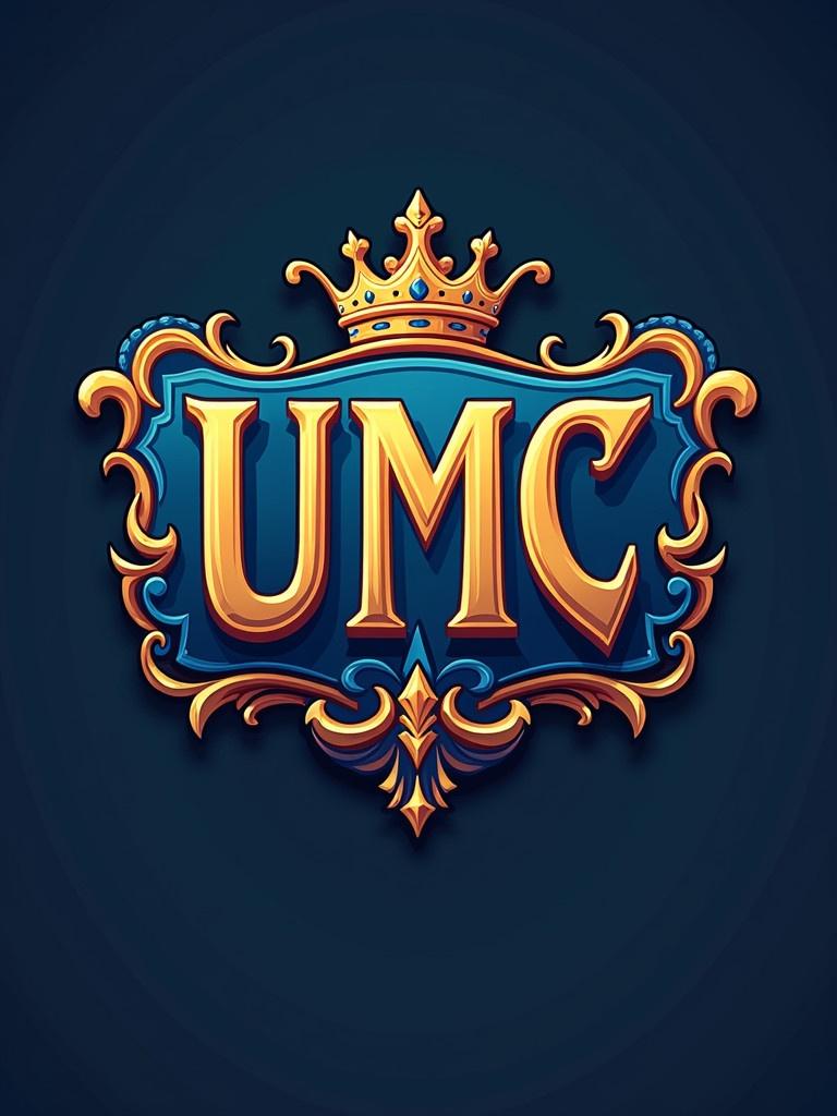 Graphic design for Lords Mobile guild recruitment. Logo displays bold text 'UMC'. Features a royal crown. Contains ornate flourishes. Elegant blue and gold color scheme. Suitable for gaming advertisement.