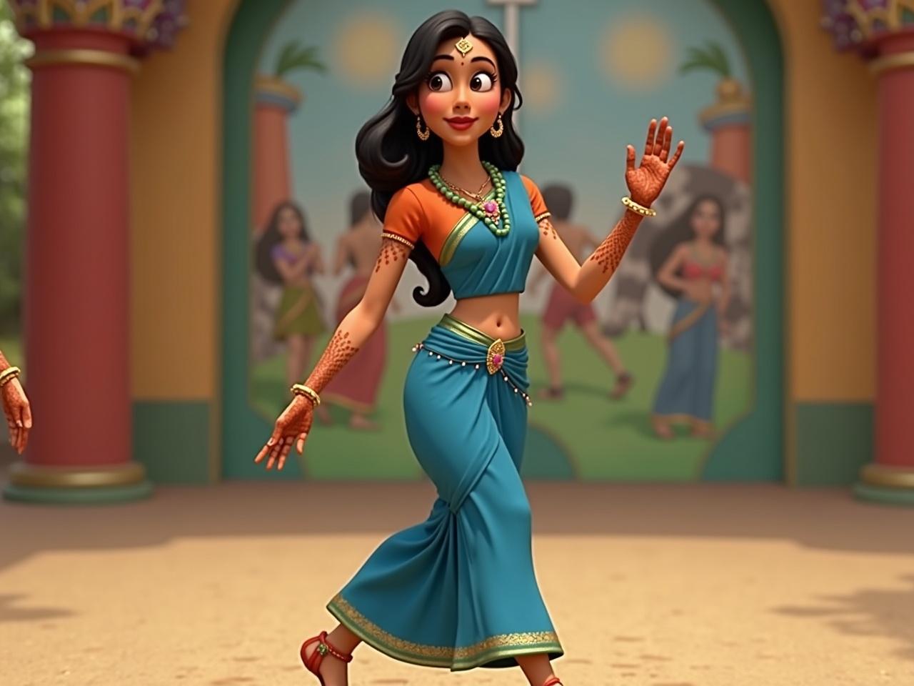 The image depicts an animated figure wearing traditional attire. The figure is dressed in a blue sari with gold accents, adorned with colorful jewelry. It has green beads around the neck and intricate henna designs on the hands. The figure is walking in a dynamic pose, exuding a sense of grace and movement. The background features a colorful and vibrant depiction of a cultural setting, likely inspired by traditional Indian art. Overall, the image captures the essence of traditional fashion and culture.